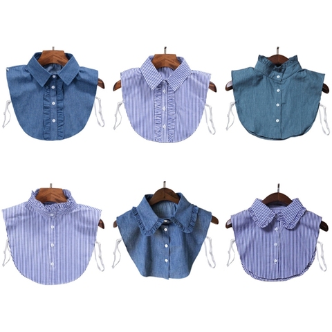 Minimaliste rayures Denim femmes détachable revers faux col mignon volants dentelle épissage bouton vers le bas faux demi chemise Blouse ► Photo 1/6