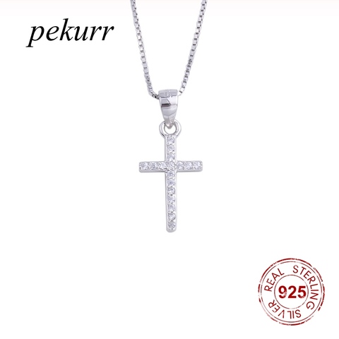 Pekurr-colliers en argent Sterling en Zircon, grande croix, pour femmes, longue chaîne, bijou Christ de mode, 925 ► Photo 1/6