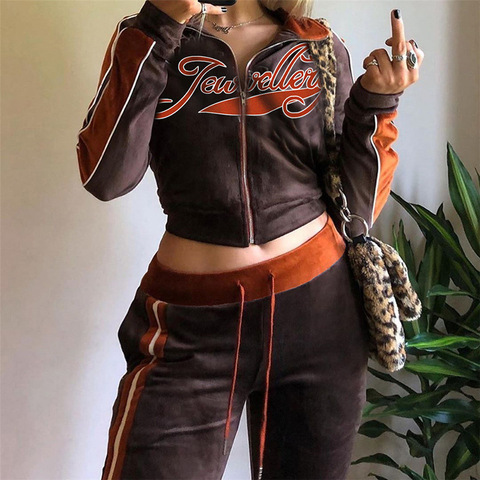 Lettre impression velours survêtement ensemble femmes mode Streetwear tenues femme fermeture éclair Sport vêtements droit survêtement décontracté Moda ► Photo 1/6