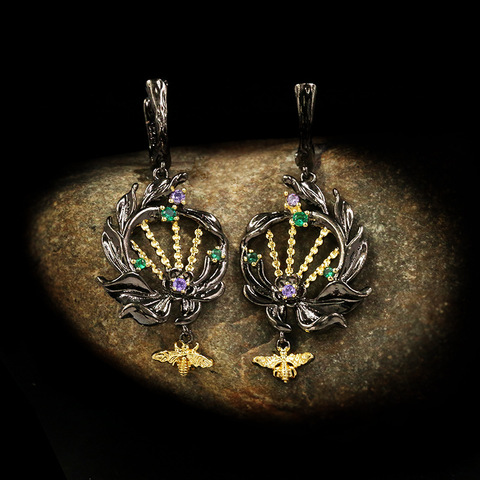 Boucles d'oreilles élégantes en argent 925, nouvelle collection de boucles d'oreilles géométriques ajourées à deux tons pour dame, motif Floral abeille ► Photo 1/5