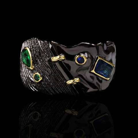 Nouveau exquis Style bohème noir or couleur irrégulière Zircon anneau 925 argent bijoux de mariage dames anneau argent bijoux ► Photo 1/6