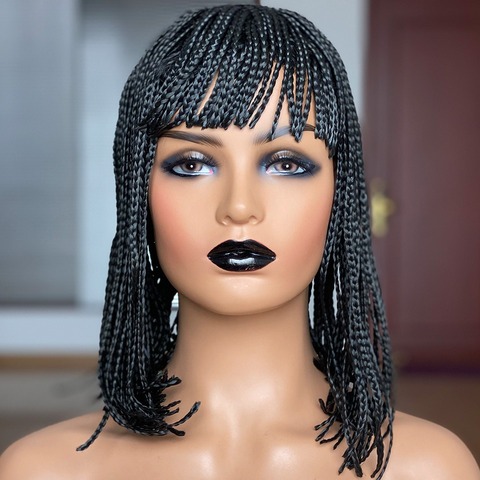 Umot – perruque tressée en Fiber de haute température pour femmes noires, postiche en cheveux synthétiques, coupe courte au carré avec frange, 12 pouces ► Photo 1/1