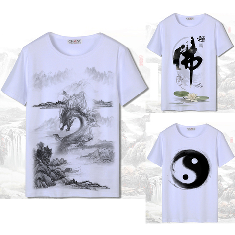 T-shirt manches courtes pour hommes et femmes, imprimé 3D, Style chinois, Harajuku blanc, peinture à l'encre, Dragon National, costume Tang japonais en coton ► Photo 1/6