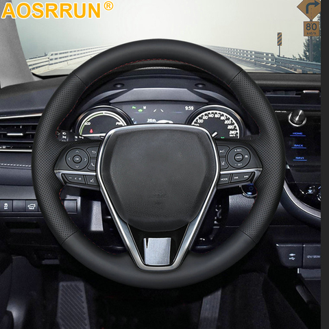 Housse de volant de voiture en cuir noir cousu main pour toyota Avalon Rav4 Corolla 2022 ► Photo 1/2