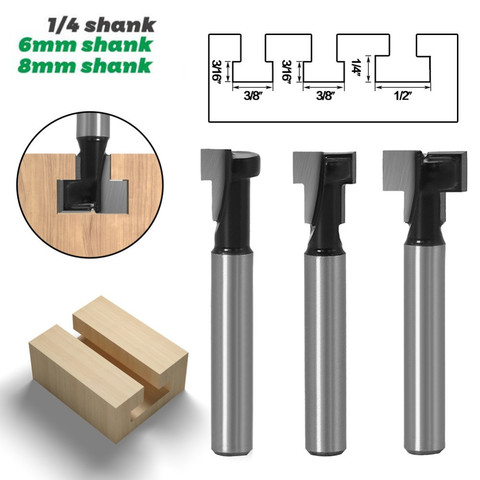 3 pièces 6mm/6.35mm/8mm tige t-slot trou de serrure fraise en bois fraise en carbure pour boulon hexagonal en bois t-track rainurage fraise ► Photo 1/6