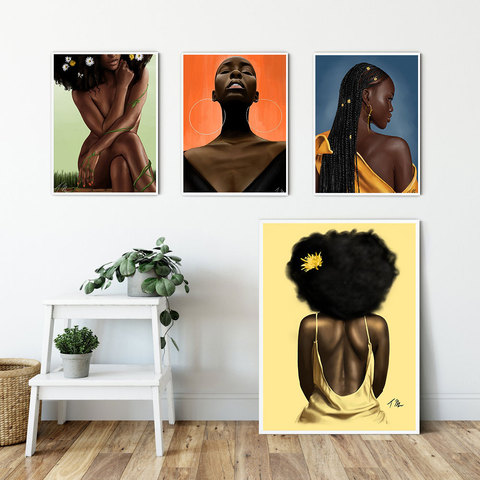 Affiche de fille noire africaine et Portrait de femme imprimé, peinture sur toile, tableau d'art mural scandinave pour salon ► Photo 1/1