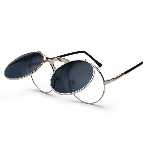 Lunettes De soleil Steampunk rondes en métal, Vintage, Double lentille circulaire, pour femmes et hommes, Style, avec rabat ► Photo 1/6