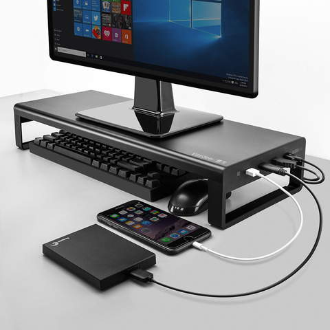 USB 3.0 Support de moniteur en aluminium Support de colonne montante en métal transfert de données et charge, clavier et souris organisateur de bureau de stockage ► Photo 1/6