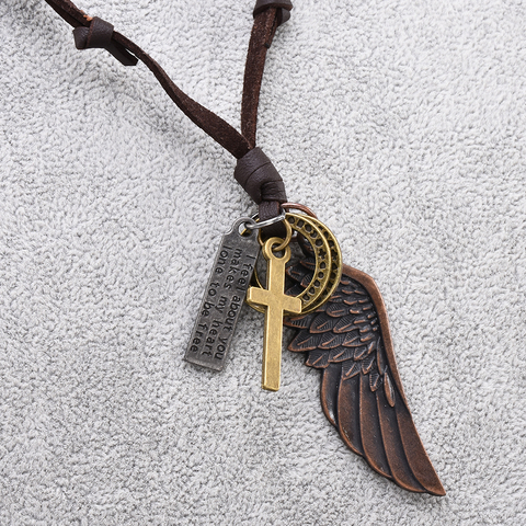 Collier et pendentifs Vintage en cuir marron, ailes d'ange en plumes, pour femmes et hommes, bijoux pour garçons, collier de déclaration ► Photo 1/6