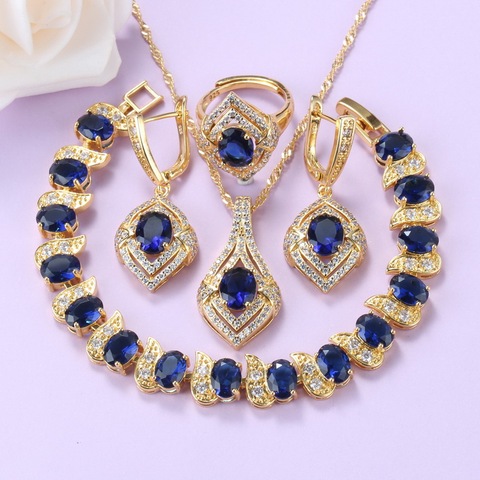 Ensemble de bijoux brésiliens couleur or avec pierre naturelle, boucles d'oreilles et collier de mariée bleu CZ pour femmes, cadeau de mariage ► Photo 1/6