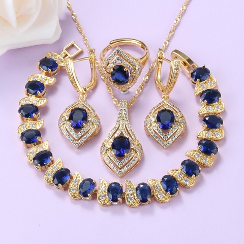 Ensemble de bijoux brésiliens couleur or avec pierre naturelle, boucles d'oreilles et collier de mariée bleu CZ pour femmes, cadeau de mariage ► Photo 1/6