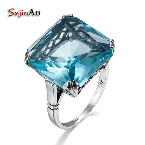 Szjinao aigue-marine bague en argent 925 femmes réel 925 en argent Sterling Vintage anneaux non définis grandes pierres précieuses pierre bleue bijoux fins ► Photo 1/6