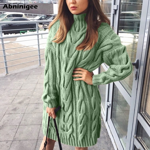 Robe pull à col haut pour femmes à manches longues, pull-over ample et chaude en tricot, couleur Pure, pour l'hiver ► Photo 1/6