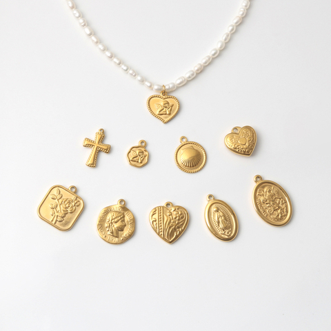 Peri'sBox – collier de perles d'eau douce naturelles, 10 pendentifs, en acier titane, en forme de fleur, cœur, cupidon, pièce de monnaie, croix de jésus ► Photo 1/6