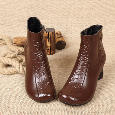 Bottines en cuir gaufré rétro pour femmes, chaussures à talons hauts et bout rond, escarpins, mode, bottes en fourrure d'hiver, nouvelle collection 2022 ► Photo 1/6