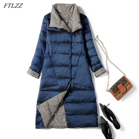 FTLZZ nouveau automne hiver femmes Double face Ultra léger Long duvet manteau 90% blanc canard vers le bas Parkas neige chaude Plaid Outwear ► Photo 1/6