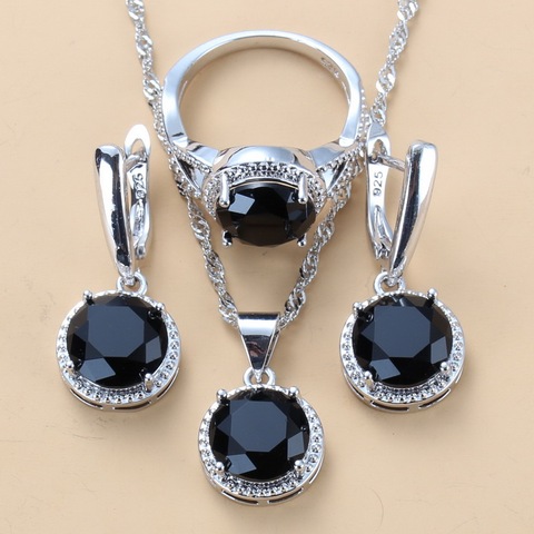 2022 nouveau 925 argent bijoux de mariage ensembles noir Zircon boucles d'oreilles et collier anneau 3 pièces ensemble femmes Costume à la mode ► Photo 1/6