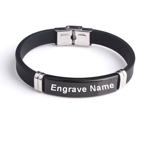 Bracelet en Silicone lisse noir pour homme et femme, bijoux avec gravure personnalisée, nom et Inscription, en acier inoxydable, 316L ► Photo 1/6