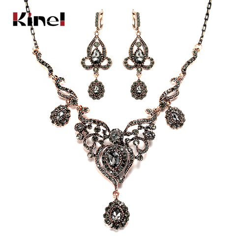 Kinel luxe gris cristal fleur femmes boucle d'oreille collier Vintage bijoux ensembles Antique or turc strass bijoux de mariage ► Photo 1/6