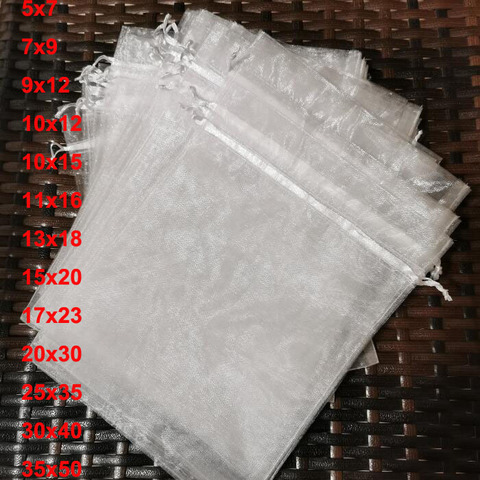 100 pièces/lot 5x7 9x12 17x23 25x35 30x40 cm grand blanc Organza sacs cordon pochette pour bijoux perles mariage cadeau emballage sac ► Photo 1/6