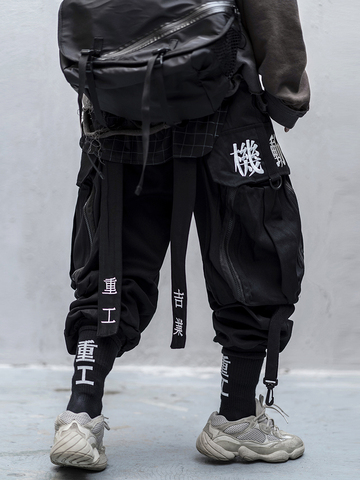 Streetwear japonais Techwear Pantalons Pour Hommes Taille Élastique Noir Droite Survêtement ► Photo 1/6