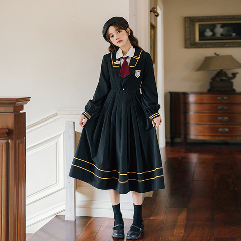 Vintage doux automne femmes robe plissée JK étudiant uniforme Preppy style rétro broderie robes féminines 2022 taille haute chaude ► Photo 1/6