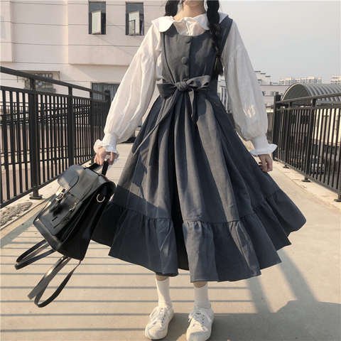 Japonais collège style doux taille haute bretelles à volants robe à bretelles chemise gothique lolita robe femmes kawaii vêtements loli jsk ► Photo 1/6