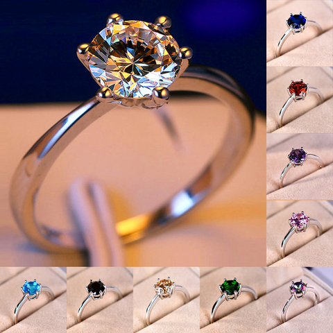 Bague classique en pierre de cristal arc-en-ciel pour femme, bague de fiançailles fine, couleur argent, bijou de luxe rond en Zircon pour mariage ► Photo 1/6