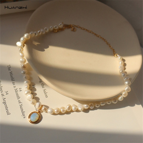 HUANZHI 2022 nouveau Baroque eau douce naturel perle pierre de lune pendentif collier géométrique irrégulière pour les femmes filles fête bijoux ► Photo 1/6