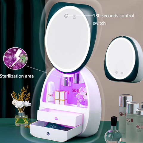 Boîte de rangement cosmétique à lumière LED, miroir de maquillage, anti-poussière, finition de bureau, soins de la peau, rouge à lèvres, stockage de désinfection UV ► Photo 1/1