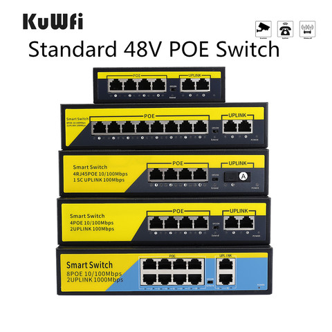 Commutateur réseau 48V POE Commutateur Ethernet 10/100/1000 Mbps Commutateur de commutation réseau 4 ports / 8 ports Commutateur AF / AT IEEE 802.3 pour caméra IP ► Photo 1/6