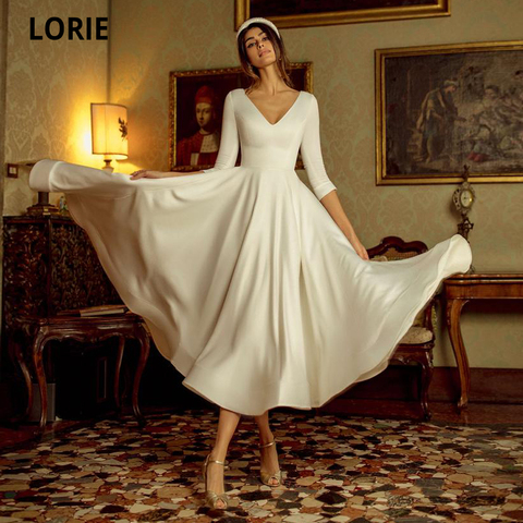 LORIE Simple blanc thé longueur robes de mariée avec demi manches doux Satin plage Boho robe de mariée princesse robe de soirée pas cher 2022 ► Photo 1/6