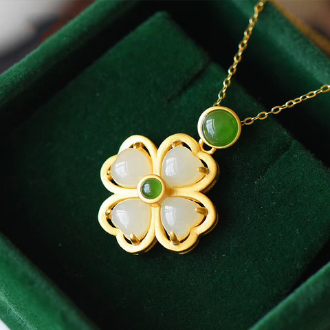 Naturel Hetian Jade trèfle pendentif collier 925 argent mode bijoux calcédoine amulette cadeaux pour les femmes ► Photo 1/5