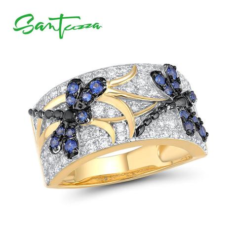 SANTUZZA argent anneaux pour femme étincelant bleu spinelles blanc zircon cubique véritable 100% 925 bague en argent Sterling Fine bijoux ► Photo 1/6