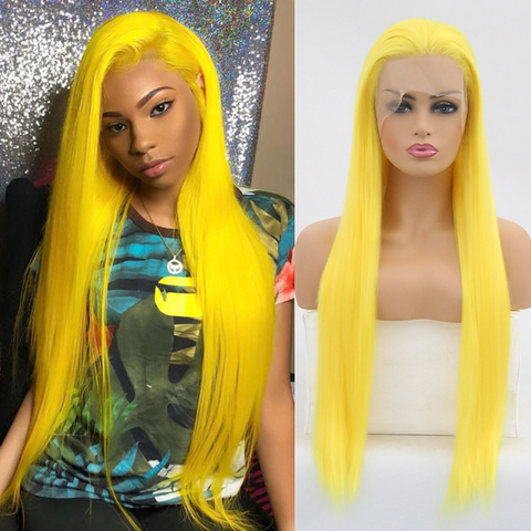 Perruque Lace Front Wig synthétique longue et lisse, perruque de Cosplay jaune en Fiber de haute température, naissance des cheveux naturelle pour femmes ► Photo 1/6