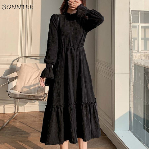 Robe femmes automne tempérament tendre français Abdomen Plus velours Plus épais solide Feminino Vestidos élégant Flare manches loisirs ► Photo 1/6