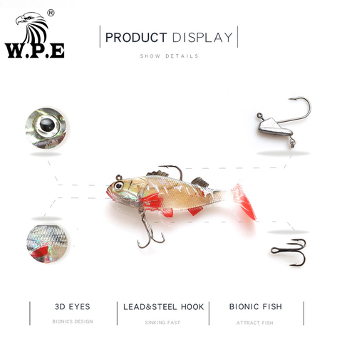 W.P.E – lot d'appâts souples en Silicone pour la pêche, pack de leurres pour attraper des poissons, avec tête de plomb, Swimbaits, Wobblers, queue en T, 17 couleurs, 3 à 4 pièces, 9, 10 ou 12cm ► Photo 1/6