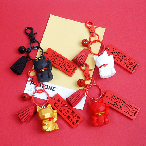 Maneki Neko-porte-clés en résine 3D mignon pour femmes, chat porte-bonheur avec pompon, pour sac avec pendentif breloques, D510, 2022 ► Photo 1/5