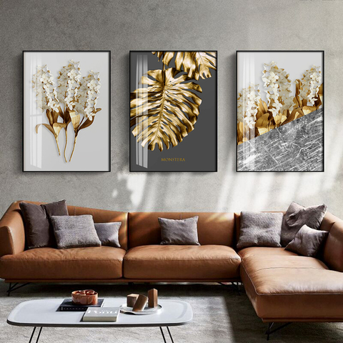 Nordique doré abstrait feuille fleur mur Art toile peinture noir blanc plumes affiche impression mur photo pour salon décor ► Photo 1/6