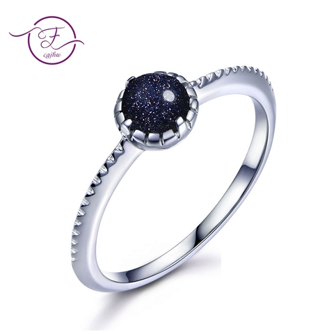 Nouveau 925 argent Sterling Vintage Solitaire rond pierre naturelle bleu sable anneau pour les femmes beaux bijoux cadeaux d'anniversaire en gros ► Photo 1/4