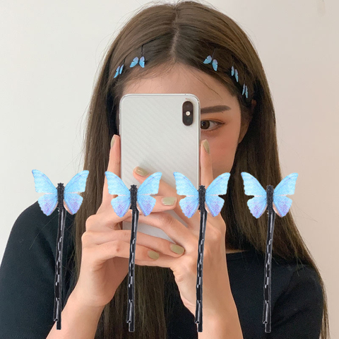 Épingles à cheveux papillon bleues élégantes, 4 pièces, pinces à cheveux en gaze pour femmes, mignonnes, faites à la main, mode été vacances, accessoires bijoux ► Photo 1/6