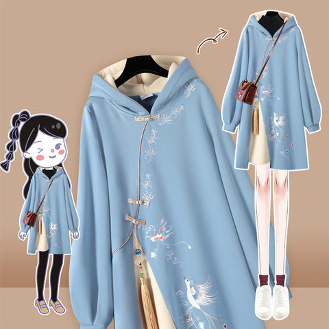 Robe Cheongsam brodée à capuche pour femmes, Style chinois, sweat-shirt épais avec boucle, robes Harajuku, printemps-automne ► Photo 1/6