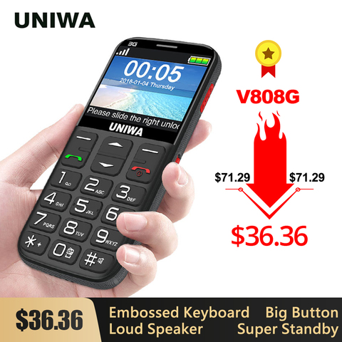 UNIWA V808G V171 forte torche bouton poussoir fort téléphone portable grand SOS 3G anglais russe clavier 10 jours en veille 3G 2G téléphone ► Photo 1/6