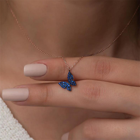 Collier avec pendentifs papillon bleu ananas pour femmes et hommes, chaîne à maillons en acier inoxydable, Bijoux, cadeau d'anniversaire ► Photo 1/6