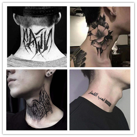 Autocollants de faux tatouage à fleurs noires, 4 pièces, pour hommes, col, bras d'art, transfert d'eau, tatouages temporaires, imperméables ► Photo 1/5