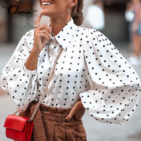 Celmia élégant hauts femmes à pois Blouses lanterne manches décontracté col de revers lâche élégant OL dames chemises à manches longues Blusas ► Photo 1/6