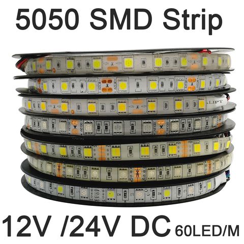 Bande lumineuse LED SMD 5050, 12V/24V DC, 5m, 60 diodes/m, Flexible, éclairage de décoration, étanche IP20 IP65, rvb RGBW CCT, blanc chaud ► Photo 1/3