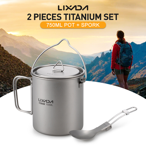 Lixada ultra-léger 750ml titane tasse ustensiles de cuisine en plein air Camping Portable tasse à eau tasse vaisselle marmite avec Spork pliant ► Photo 1/6