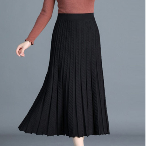 Jupe trapèze mi-longue tricotée pour femmes, taille haute, Simple, élégante, fête, noire, rouge, printemps automne hiver ► Photo 1/6