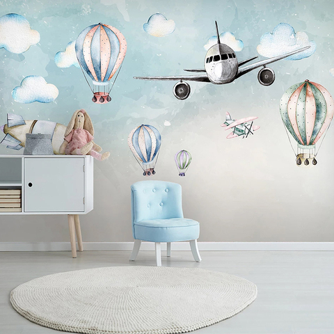 Personnalisé 3D Photo papier peint dessin animé avion ballon à Air chaud enfants chambre chevet Mural Non-tissé Papel De Parede ► Photo 1/6